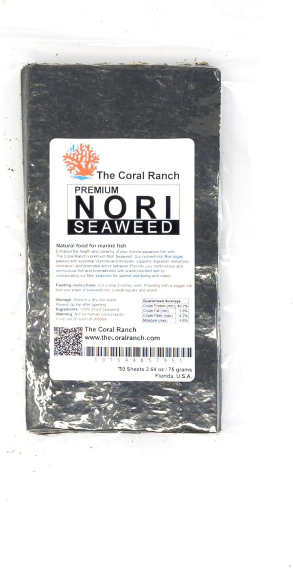 The Coral Ranch - Premium Nori Seaweed - 50 Sheets - Resealable Pack - Food for Marine Fish, Tangs, Butterfly Fish, Angelfish. (75 Gram) / 2.64 oz - Image 2