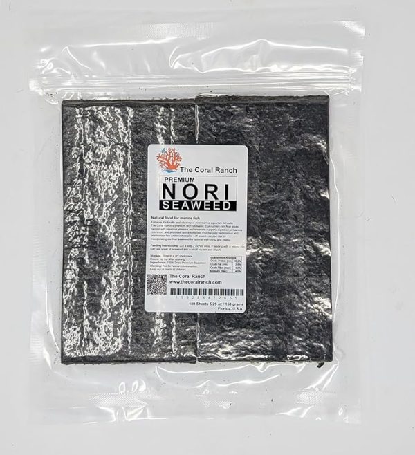 The Coral Ranch - Premium Nori Seaweed - 100 Sheets 4"x8"- Resealable Pack - Food for Marine Fish, Tangs, Butterfly Fish, Angelfish. (150 Gram) / 5.29 oz